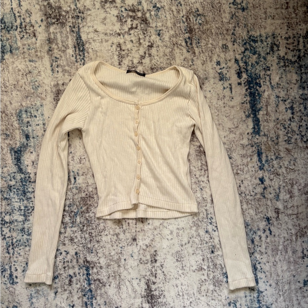 Brandy Melville Cream Ribbed Button-Down Top